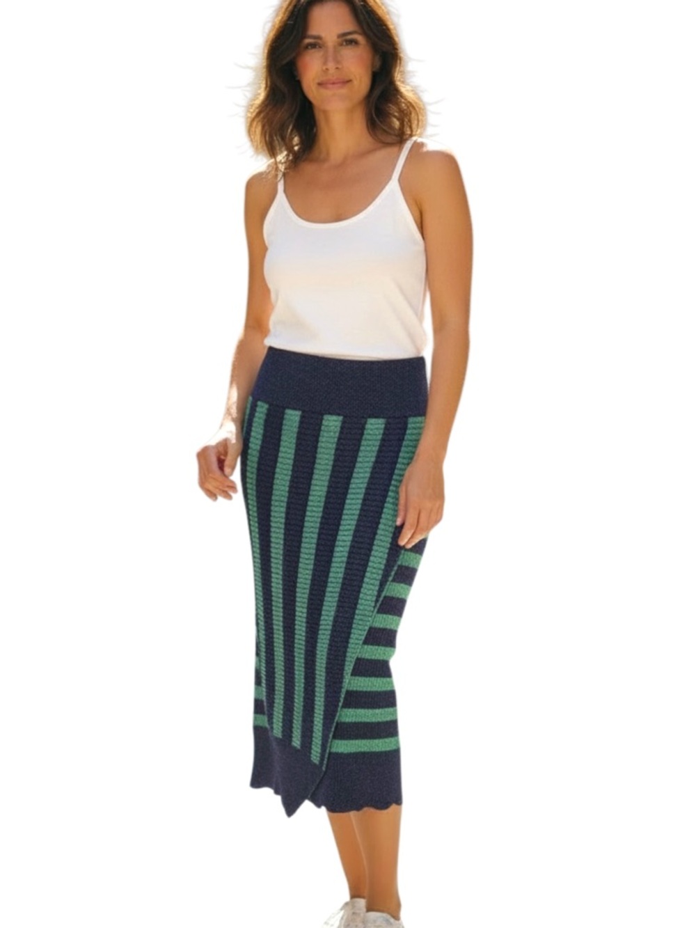 Striped Knit Midi Skirt in Navy and Green